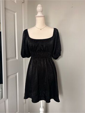 Altar'd State Black Square Neck Puff Sleeve Mini Dress